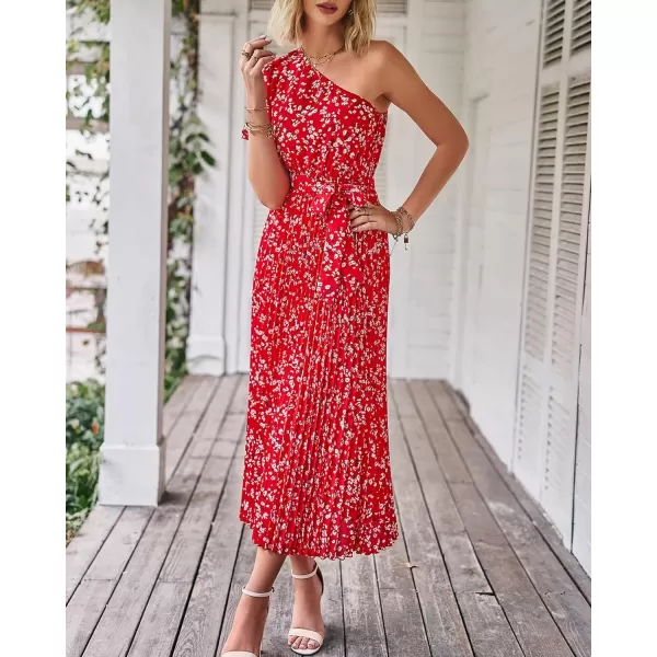 imageBTFBM Womens 2023 Boho Summer One Shoulder Maxi Dresses Short Sleeve Floral Solid Belted Pleated Wedding Guest DressFloral Red