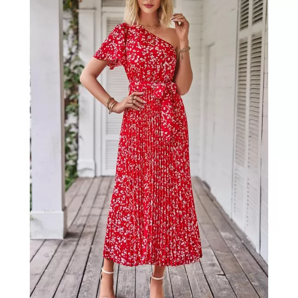 imageBTFBM Womens 2023 Boho Summer One Shoulder Maxi Dresses Short Sleeve Floral Solid Belted Pleated Wedding Guest DressFloral Red