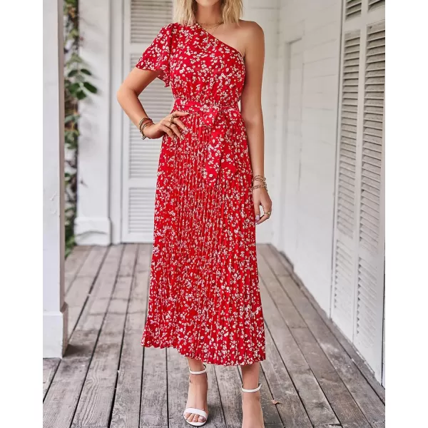 imageBTFBM Womens 2023 Boho Summer One Shoulder Maxi Dresses Short Sleeve Floral Solid Belted Pleated Wedding Guest DressFloral Red