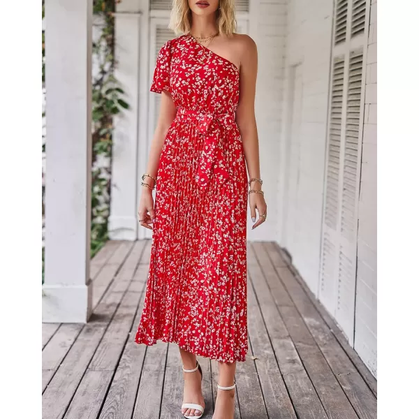 imageBTFBM Womens 2023 Boho Summer One Shoulder Maxi Dresses Short Sleeve Floral Solid Belted Pleated Wedding Guest DressFloral Red