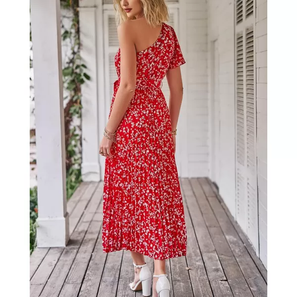 imageBTFBM Womens 2023 Boho Summer One Shoulder Maxi Dresses Short Sleeve Floral Solid Belted Pleated Wedding Guest DressFloral Red