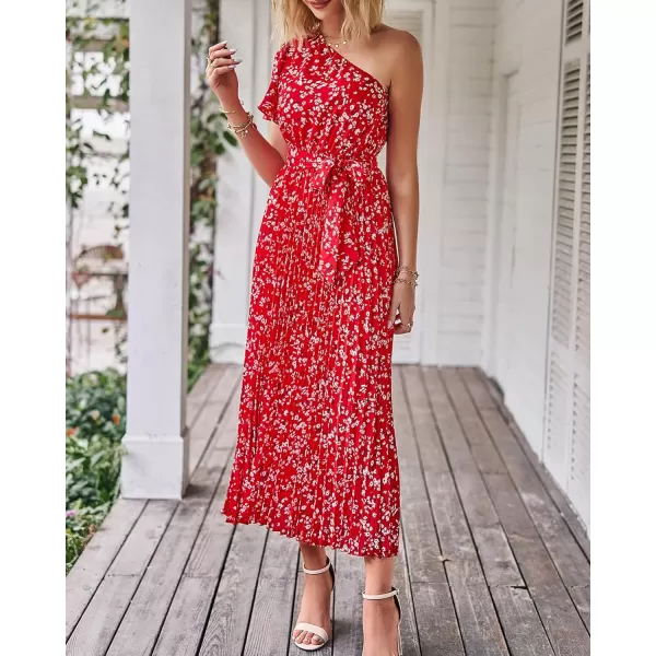 imageBTFBM Womens 2023 Boho Summer One Shoulder Maxi Dresses Short Sleeve Floral Solid Belted Pleated Wedding Guest DressFloral Red
