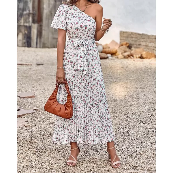 imageBTFBM Womens 2023 Boho Summer One Shoulder Maxi Dresses Short Sleeve Floral Solid Belted Pleated Wedding Guest DressFloral White
