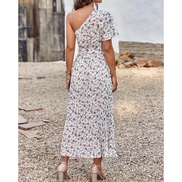 imageBTFBM Womens 2023 Boho Summer One Shoulder Maxi Dresses Short Sleeve Floral Solid Belted Pleated Wedding Guest DressFloral White