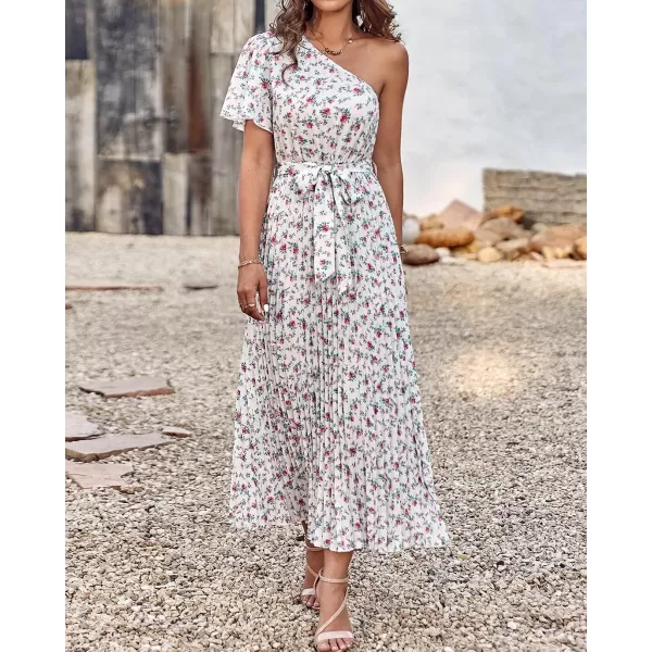 imageBTFBM Womens 2023 Boho Summer One Shoulder Maxi Dresses Short Sleeve Floral Solid Belted Pleated Wedding Guest DressFloral White