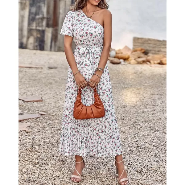 imageBTFBM Womens 2023 Boho Summer One Shoulder Maxi Dresses Short Sleeve Floral Solid Belted Pleated Wedding Guest DressFloral White