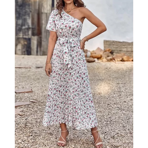 imageBTFBM Womens 2023 Boho Summer One Shoulder Maxi Dresses Short Sleeve Floral Solid Belted Pleated Wedding Guest DressFloral White