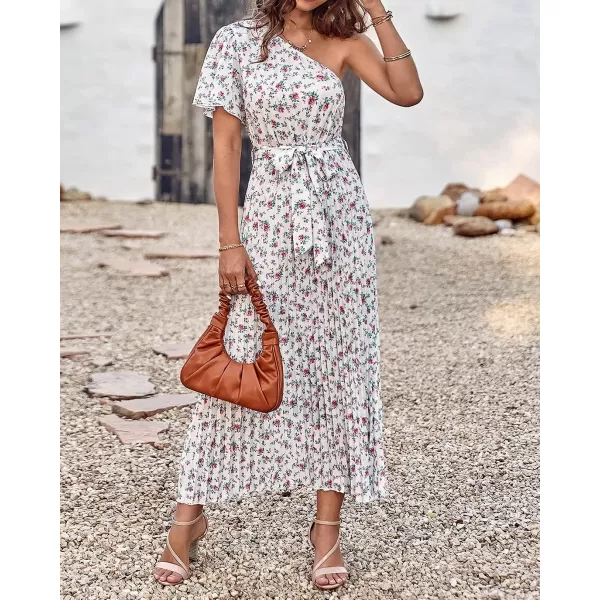 imageBTFBM Womens 2023 Boho Summer One Shoulder Maxi Dresses Short Sleeve Floral Solid Belted Pleated Wedding Guest DressFloral White