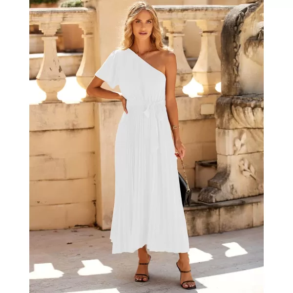 imageBTFBM Womens 2023 Boho Summer One Shoulder Maxi Dresses Short Sleeve Floral Solid Belted Pleated Wedding Guest DressSolid White