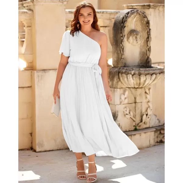 imageBTFBM Womens 2023 Boho Summer One Shoulder Maxi Dresses Short Sleeve Floral Solid Belted Pleated Wedding Guest DressSolid White