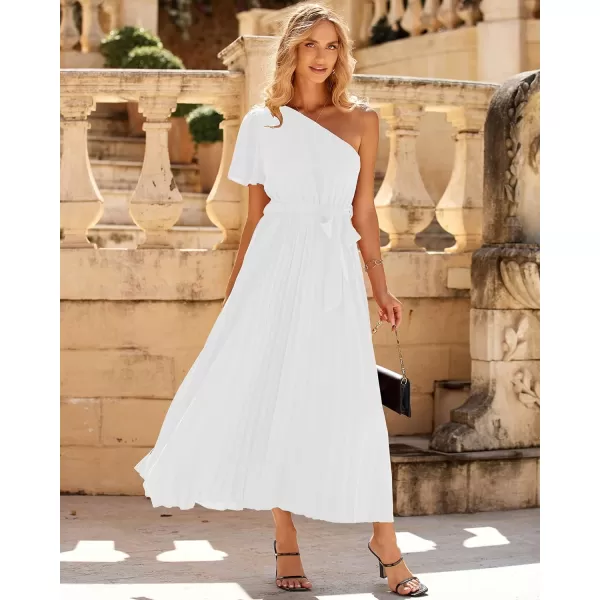 imageBTFBM Womens 2023 Boho Summer One Shoulder Maxi Dresses Short Sleeve Floral Solid Belted Pleated Wedding Guest DressSolid White