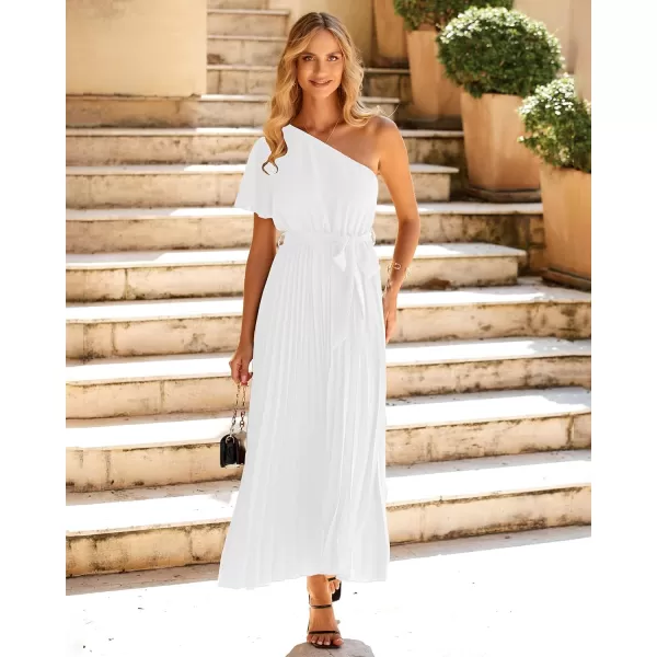 imageBTFBM Womens 2023 Boho Summer One Shoulder Maxi Dresses Short Sleeve Floral Solid Belted Pleated Wedding Guest DressSolid White