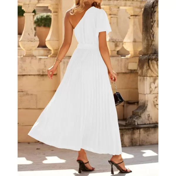 imageBTFBM Womens 2023 Boho Summer One Shoulder Maxi Dresses Short Sleeve Floral Solid Belted Pleated Wedding Guest DressSolid White