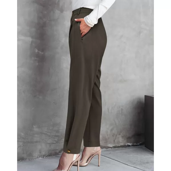 imageBTFBM Womens 2023 Casual Button Down Pants Elastic High Waist Business Work Trousers Long Straight Slacks with PocketsSolid Army Green