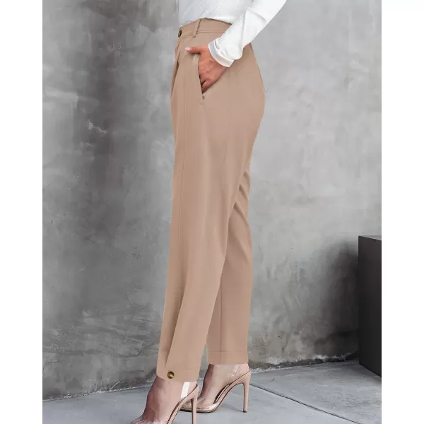 imageBTFBM Womens 2023 Casual Button Down Pants Elastic High Waist Business Work Trousers Long Straight Slacks with PocketsSolid Beige