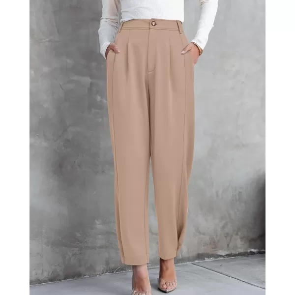 imageBTFBM Womens 2023 Casual Button Down Pants Elastic High Waist Business Work Trousers Long Straight Slacks with PocketsSolid Beige