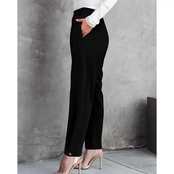 imageBTFBM Womens 2023 Casual Button Down Pants Elastic High Waist Business Work Trousers Long Straight Slacks with PocketsSolid Black