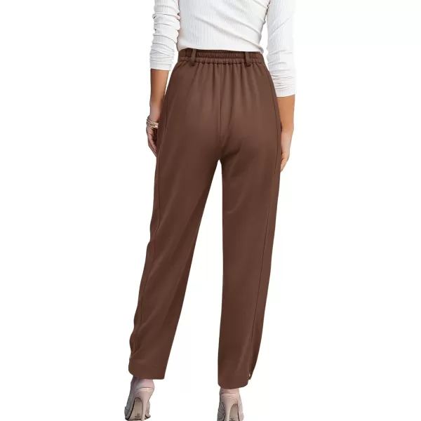 imageBTFBM Womens 2023 Casual Button Down Pants Elastic High Waist Business Work Trousers Long Straight Slacks with PocketsSolid Brown