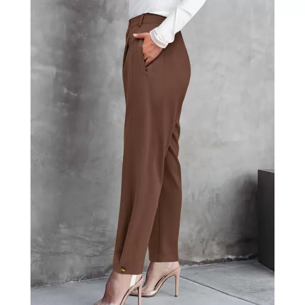 imageBTFBM Womens 2023 Casual Button Down Pants Elastic High Waist Business Work Trousers Long Straight Slacks with PocketsSolid Brown