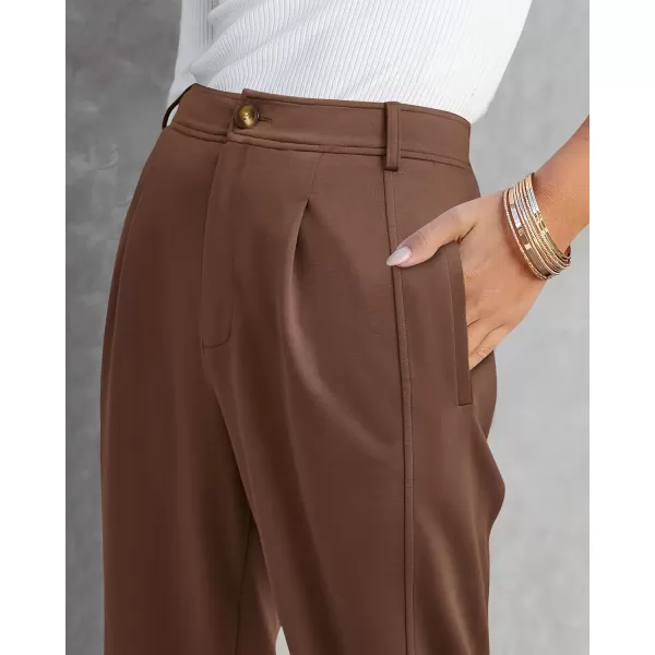 imageBTFBM Womens 2023 Casual Button Down Pants Elastic High Waist Business Work Trousers Long Straight Slacks with PocketsSolid Brown