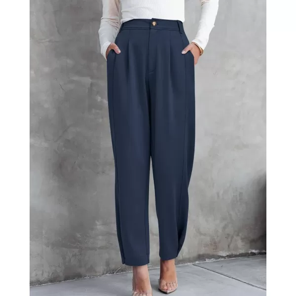imageBTFBM Womens 2023 Casual Button Down Pants Elastic High Waist Business Work Trousers Long Straight Slacks with PocketsSolid Dark Blue