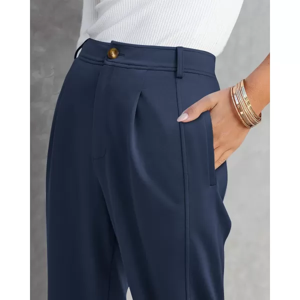 imageBTFBM Womens 2023 Casual Button Down Pants Elastic High Waist Business Work Trousers Long Straight Slacks with PocketsSolid Dark Blue