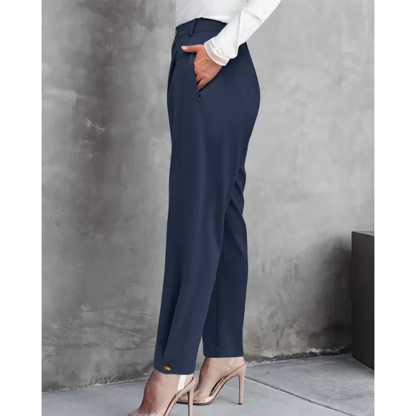 imageBTFBM Womens 2023 Casual Button Down Pants Elastic High Waist Business Work Trousers Long Straight Slacks with PocketsSolid Dark Blue
