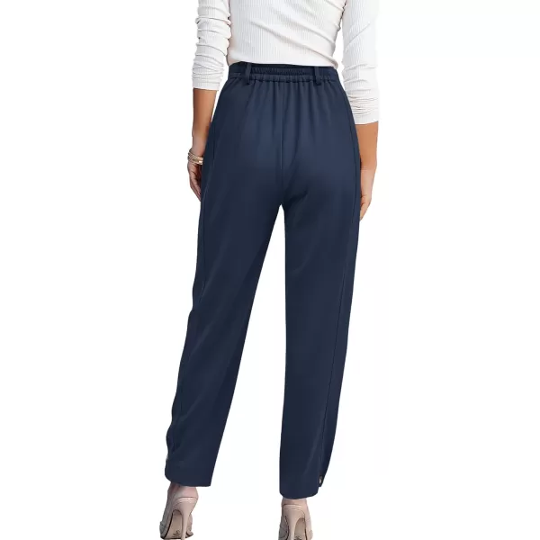 imageBTFBM Womens 2023 Casual Button Down Pants Elastic High Waist Business Work Trousers Long Straight Slacks with PocketsSolid Dark Blue