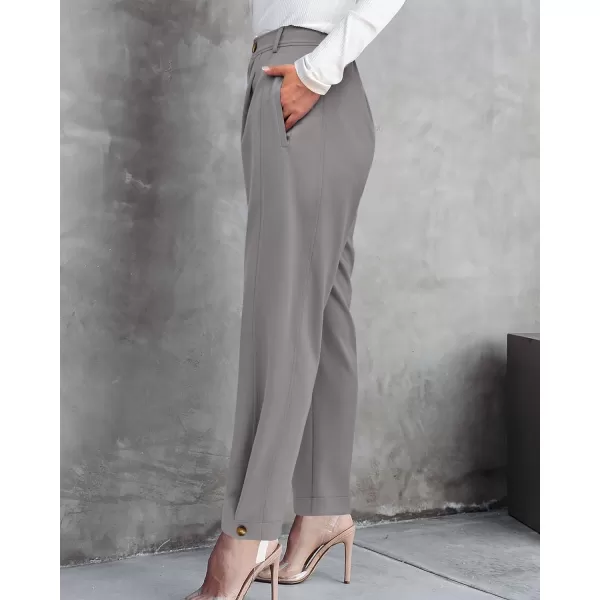 imageBTFBM Womens 2023 Casual Button Down Pants Elastic High Waist Business Work Trousers Long Straight Slacks with PocketsSolid Grey