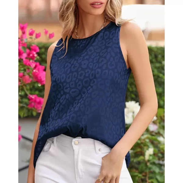 imageBTFBM Womens 2023 Casual Satin Sleeveless Blouse Tops Crewneck Leopard Print Loose Beach Party Summer Basic Tank ShirtsLeopard Navy