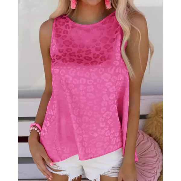 imageBTFBM Womens 2023 Casual Satin Sleeveless Blouse Tops Crewneck Leopard Print Loose Beach Party Summer Basic Tank ShirtsLeopard Rose Red