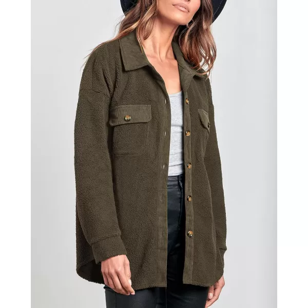 imageBTFBM Womens 2023 Fall Winter Button Down Shirts Sherpa Jacket Warm Long Sleeve Outerwear Faux Fur Shacket with PocketsSolid Army Green