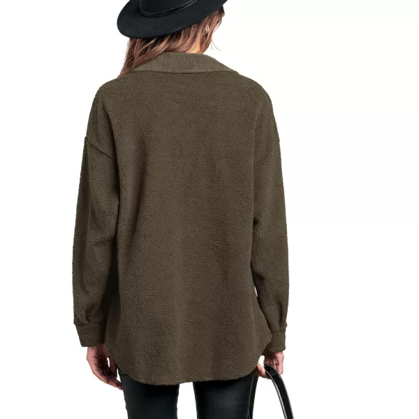 imageBTFBM Womens 2023 Fall Winter Button Down Shirts Sherpa Jacket Warm Long Sleeve Outerwear Faux Fur Shacket with PocketsSolid Army Green