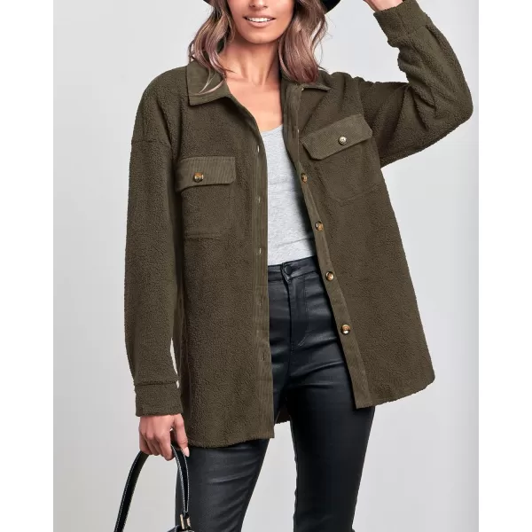 imageBTFBM Womens 2023 Fall Winter Button Down Shirts Sherpa Jacket Warm Long Sleeve Outerwear Faux Fur Shacket with PocketsSolid Army Green