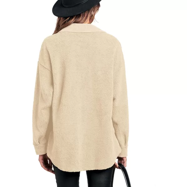 imageBTFBM Womens 2023 Fall Winter Button Down Shirts Sherpa Jacket Warm Long Sleeve Outerwear Faux Fur Shacket with PocketsSolid Beige