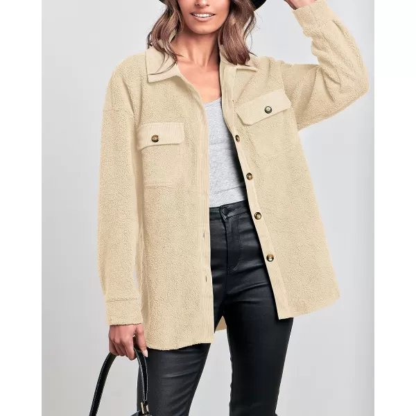 imageBTFBM Womens 2023 Fall Winter Button Down Shirts Sherpa Jacket Warm Long Sleeve Outerwear Faux Fur Shacket with PocketsSolid Beige
