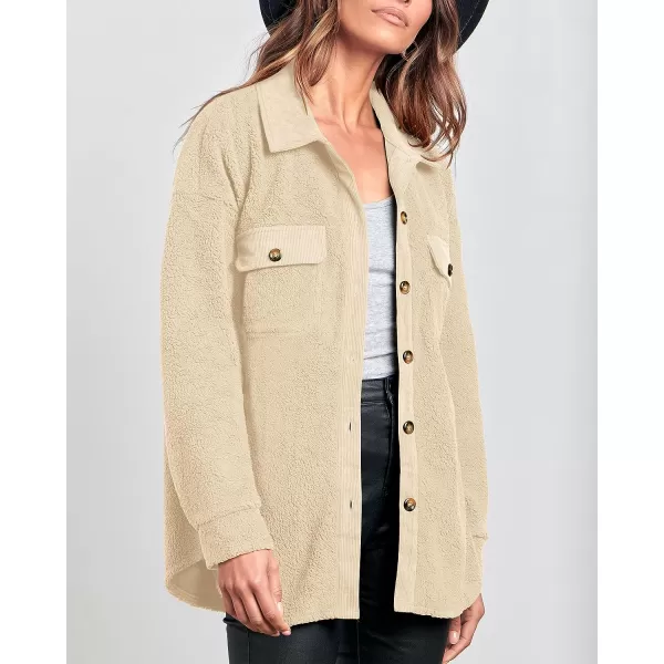 imageBTFBM Womens 2023 Fall Winter Button Down Shirts Sherpa Jacket Warm Long Sleeve Outerwear Faux Fur Shacket with PocketsSolid Beige