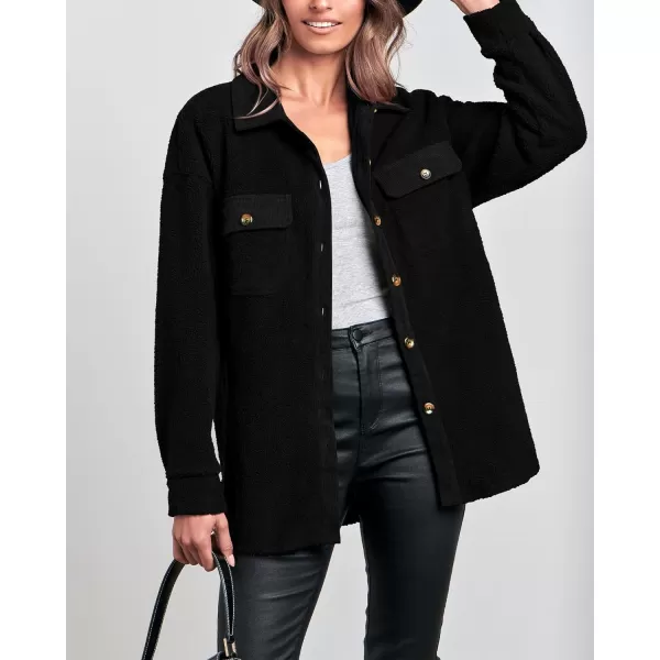imageBTFBM Womens 2023 Fall Winter Button Down Shirts Sherpa Jacket Warm Long Sleeve Outerwear Faux Fur Shacket with PocketsSolid Black