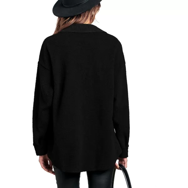imageBTFBM Womens 2023 Fall Winter Button Down Shirts Sherpa Jacket Warm Long Sleeve Outerwear Faux Fur Shacket with PocketsSolid Black