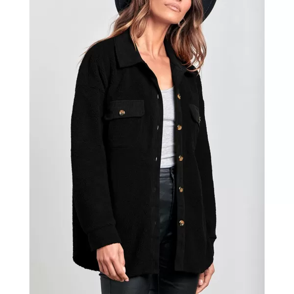 imageBTFBM Womens 2023 Fall Winter Button Down Shirts Sherpa Jacket Warm Long Sleeve Outerwear Faux Fur Shacket with PocketsSolid Black