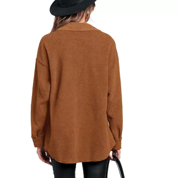 imageBTFBM Womens 2023 Fall Winter Button Down Shirts Sherpa Jacket Warm Long Sleeve Outerwear Faux Fur Shacket with PocketsSolid Golden Camel