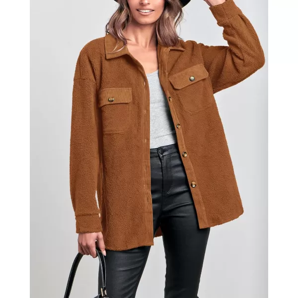 imageBTFBM Womens 2023 Fall Winter Button Down Shirts Sherpa Jacket Warm Long Sleeve Outerwear Faux Fur Shacket with PocketsSolid Golden Camel