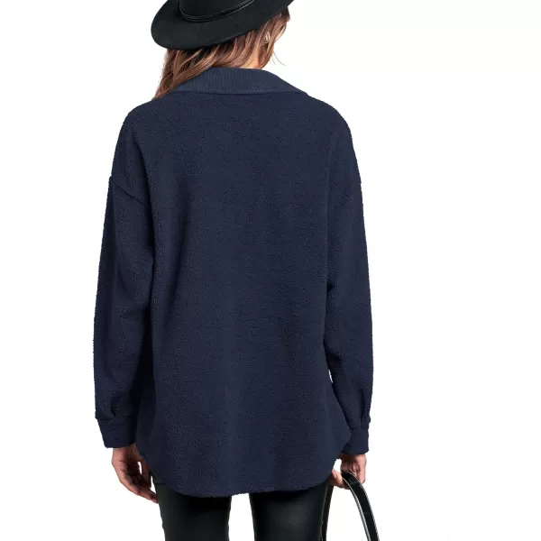 imageBTFBM Womens 2023 Fall Winter Button Down Shirts Sherpa Jacket Warm Long Sleeve Outerwear Faux Fur Shacket with PocketsSolid Navy