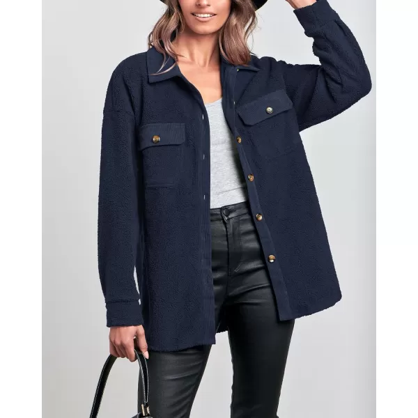 imageBTFBM Womens 2023 Fall Winter Button Down Shirts Sherpa Jacket Warm Long Sleeve Outerwear Faux Fur Shacket with PocketsSolid Navy