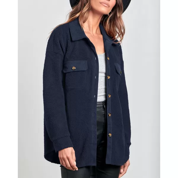 imageBTFBM Womens 2023 Fall Winter Button Down Shirts Sherpa Jacket Warm Long Sleeve Outerwear Faux Fur Shacket with PocketsSolid Navy