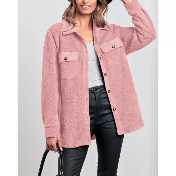 imageBTFBM Womens 2023 Fall Winter Button Down Shirts Sherpa Jacket Warm Long Sleeve Outerwear Faux Fur Shacket with PocketsSolid Pink