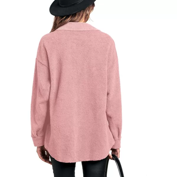 imageBTFBM Womens 2023 Fall Winter Button Down Shirts Sherpa Jacket Warm Long Sleeve Outerwear Faux Fur Shacket with PocketsSolid Pink