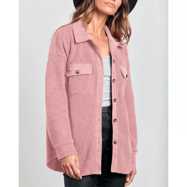 imageBTFBM Womens 2023 Fall Winter Button Down Shirts Sherpa Jacket Warm Long Sleeve Outerwear Faux Fur Shacket with PocketsSolid Pink