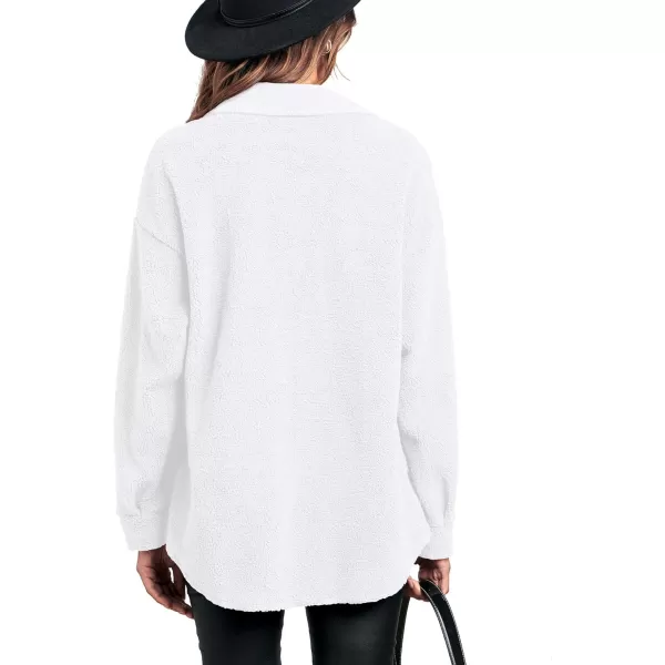 imageBTFBM Womens 2023 Fall Winter Button Down Shirts Sherpa Jacket Warm Long Sleeve Outerwear Faux Fur Shacket with PocketsSolid White