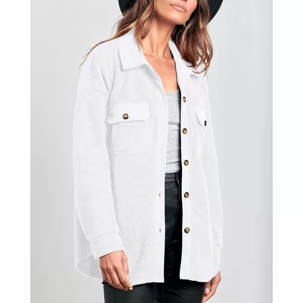 imageBTFBM Womens 2023 Fall Winter Button Down Shirts Sherpa Jacket Warm Long Sleeve Outerwear Faux Fur Shacket with PocketsSolid White